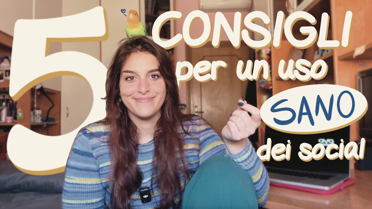 Video Youtube Play it in reverse - come utilizzare i social in modo costruttivo - foto di copertina con titolo 5 consigli per un uso sano dei social, Sara in primo piano con l'inseparabile Russell sulla testa